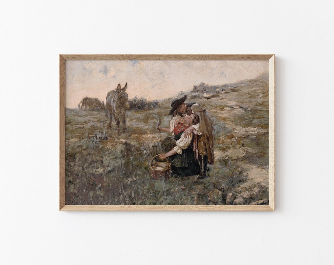 Vintage Mountain Farmers Romance Painting Farmers In Love Art Mountain Village Life Painting Farm House Wall Decor