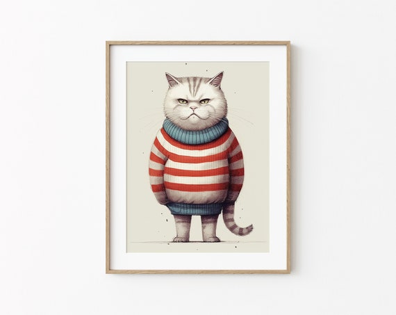 Obese Cat In Christmas Sweater Funny Cat Decor Feline Cat Fat Cat Poster Minimal Wall Art Modern Cat Art Poster Cute Cat In Sweater