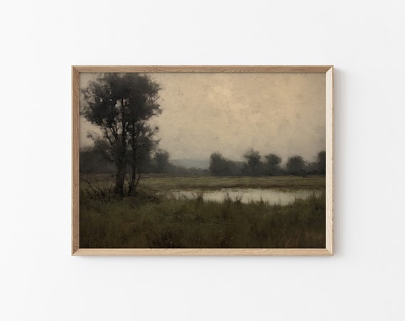 Vintage Tree Field Landscape Painting Rustic Wall Decor Moody Landscape Print Vintage Green Print Farmhouse Landscape Painting