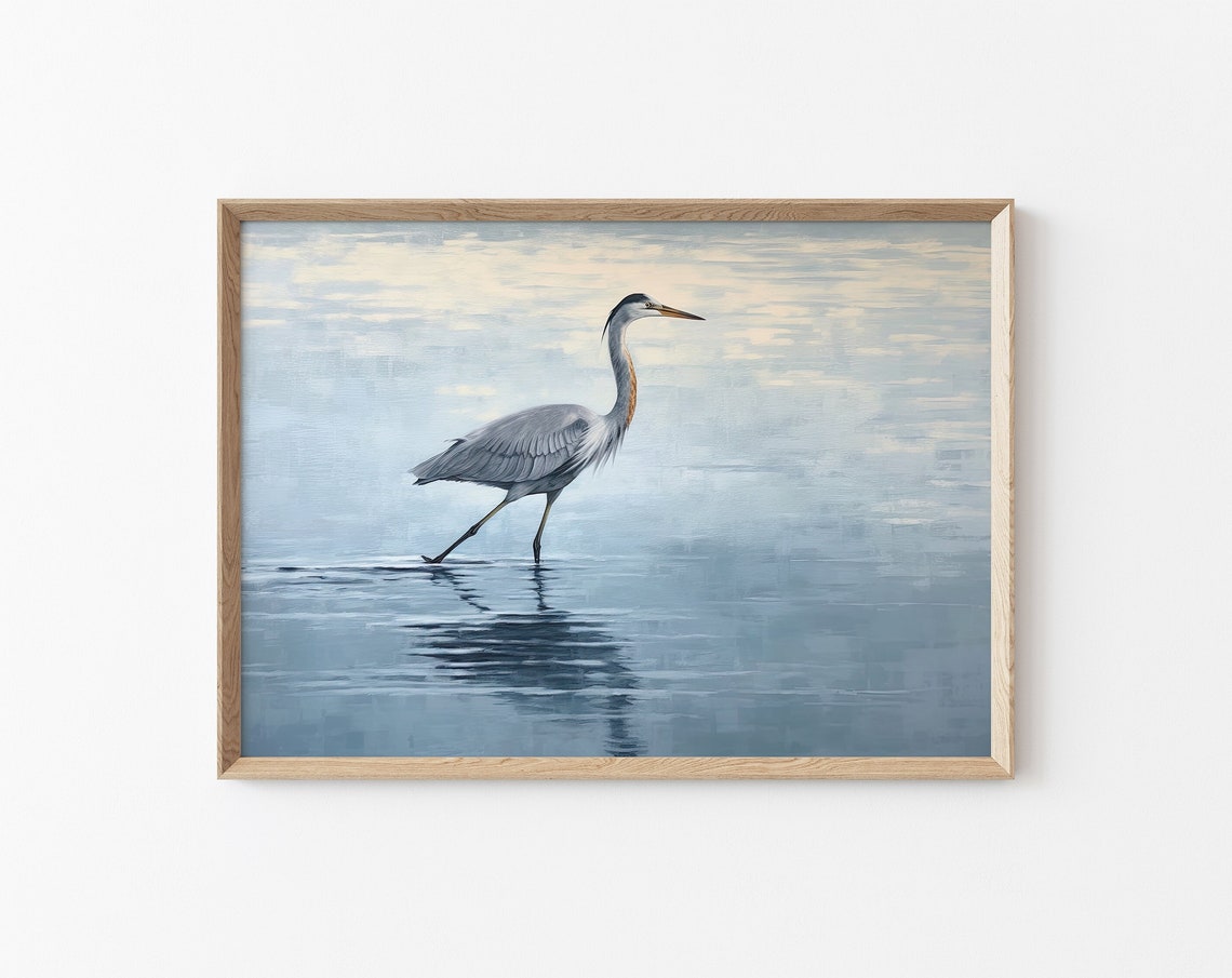Great Blue Heron Wading In Misty Water Coastal Bird Art Poster