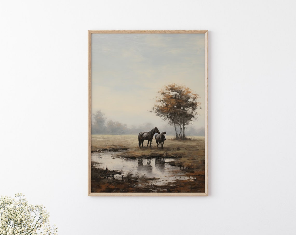 Horses in Misty Autumn Pasture Reflective Pond Moody Landscape Poster