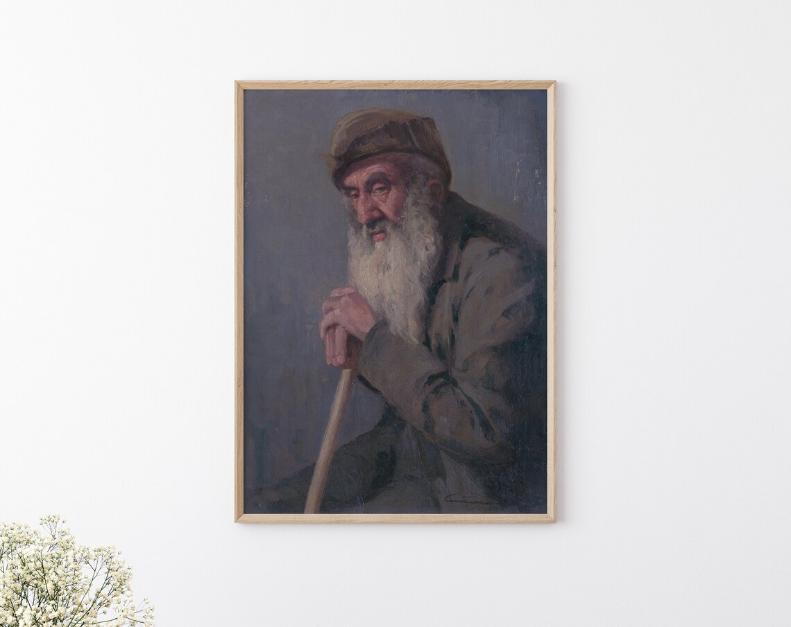 Portrait Of Bearded Old Man With Walking Stick Moody Vintage Art Poster