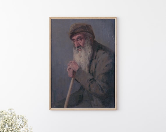 Portrait Of Bearded Old Man With Walking Stick Moody Vintage Art Poster