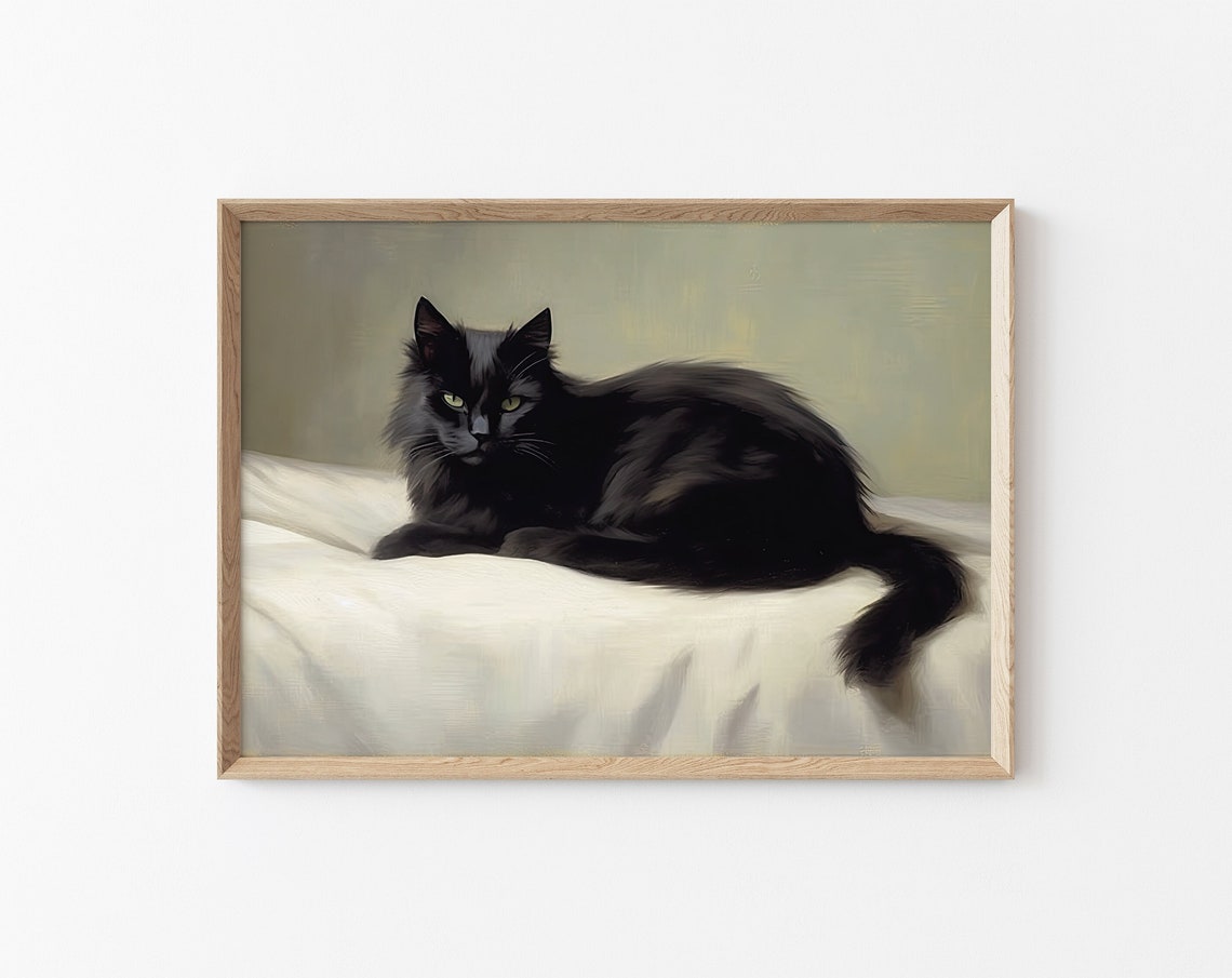 Black Cat Resting on White Bedding Vintage Moody Feline Poster