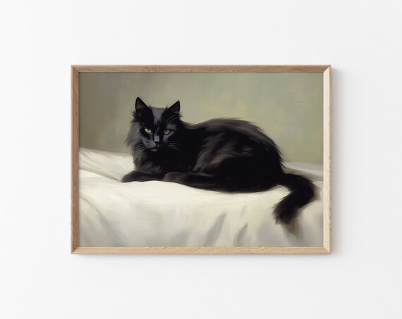 Black Cat Resting on White Bedding Vintage Moody Feline Poster