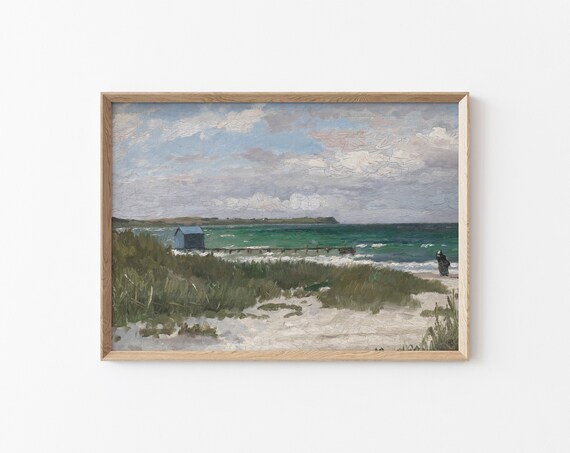 Scandinavian Beach Dunes Bath House Pier Nordic Coastal Seascape Travel Poster