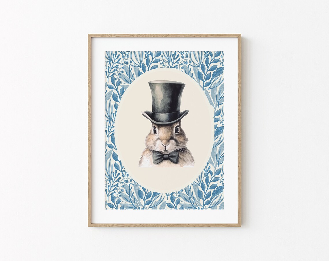 Rabbit with Top Hat and Bow Tie Watercolor Blue Floral Border Art Poster