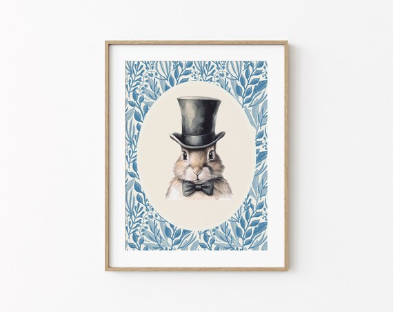 Rabbit with Top Hat and Bow Tie Watercolor Blue Floral Border Art Poster