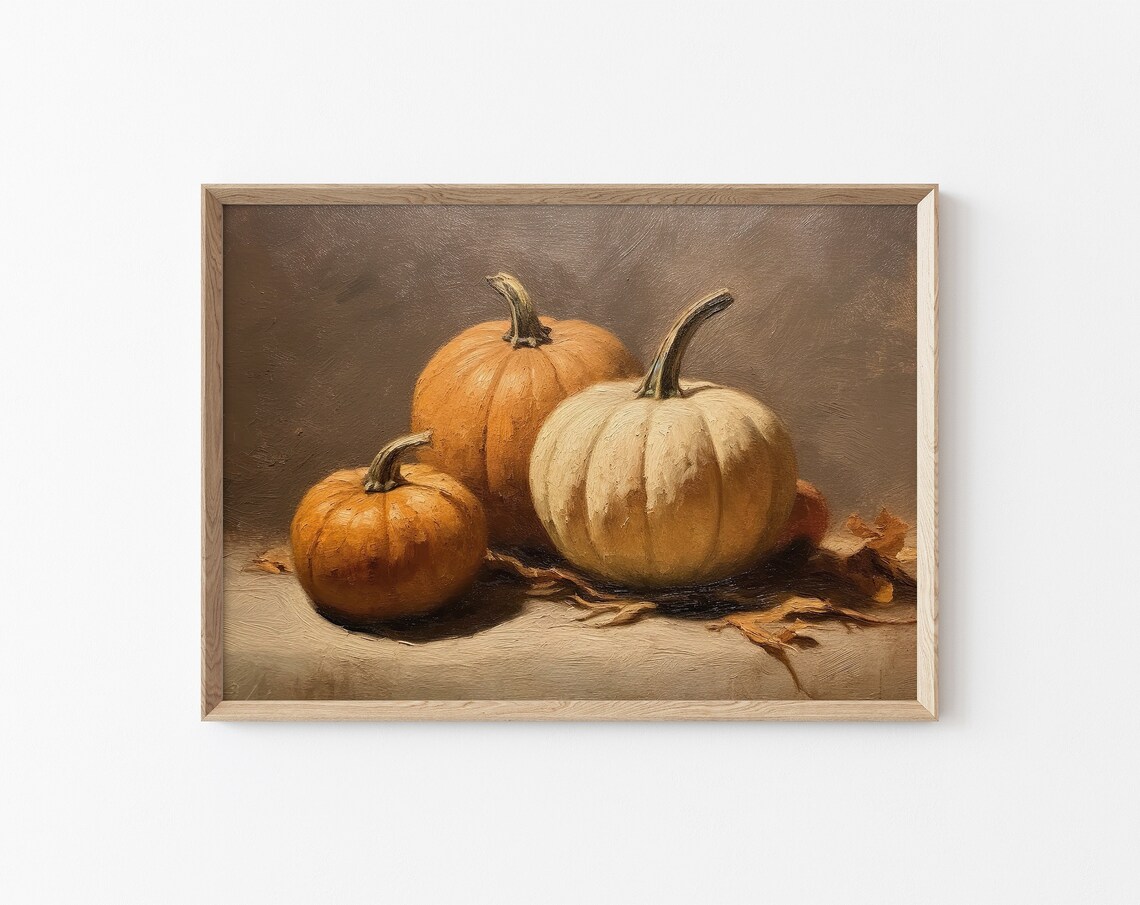 Vintage Pumpkin Harvest Still Life Oil Painting Rustic Fall Poster