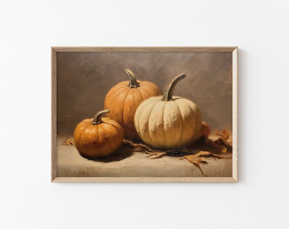 Vintage Pumpkin Harvest Still Life Oil Painting Rustic Fall Poster