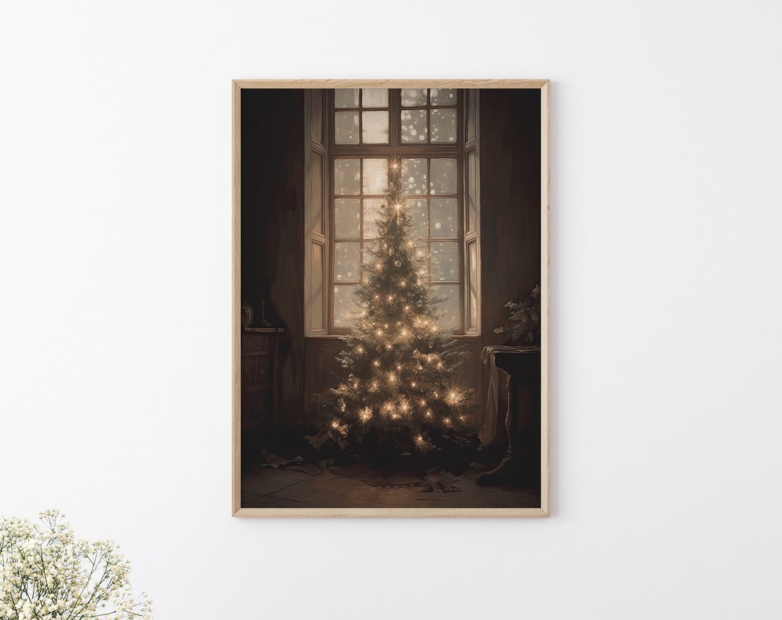 Painting Of A Christmas Tree Moody Christmas Wall Art Light Academia Vintage Christmas Painting Holiday Season Wall Decoration