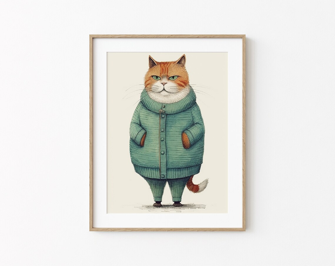 Ginger Cat Wearing Green Cardigan Funny Quirky Cat Lover Poster