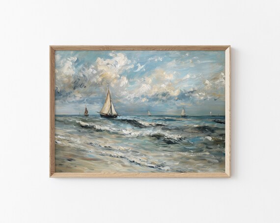 Sailboats On Open Sea Under Cloudy Sky Vintage Coastal Seascape Travel Poster