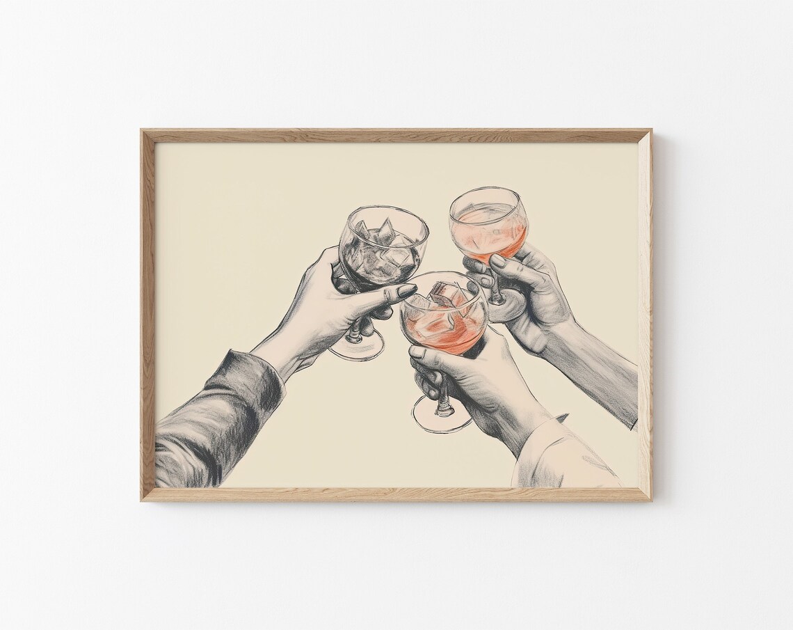 Cheers Cocktail Toast Friends Sketch Minimal Bar Cart Decor Print