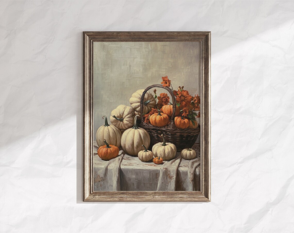 Pumpkin Basket Harvest Still Life Autumn Flowers Vintage Poster - Image 4