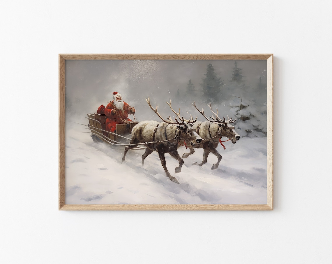 Santa Claus Sleigh Reindeer Snowy Forest Vintage Christmas Poster