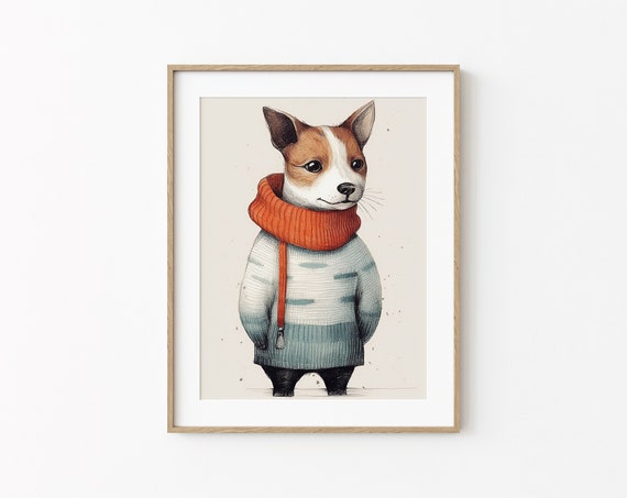 Jack Russell In Sweater Print Funny Dog Decor Cute Dog Wall Art Russell Terrier Modern Poster Minimal Wall Art Animals Print