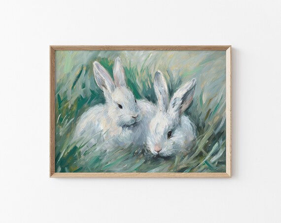 Two White Rabbits Green Grass Vintage Bunny Painting Nursery Farmhouse Art Print