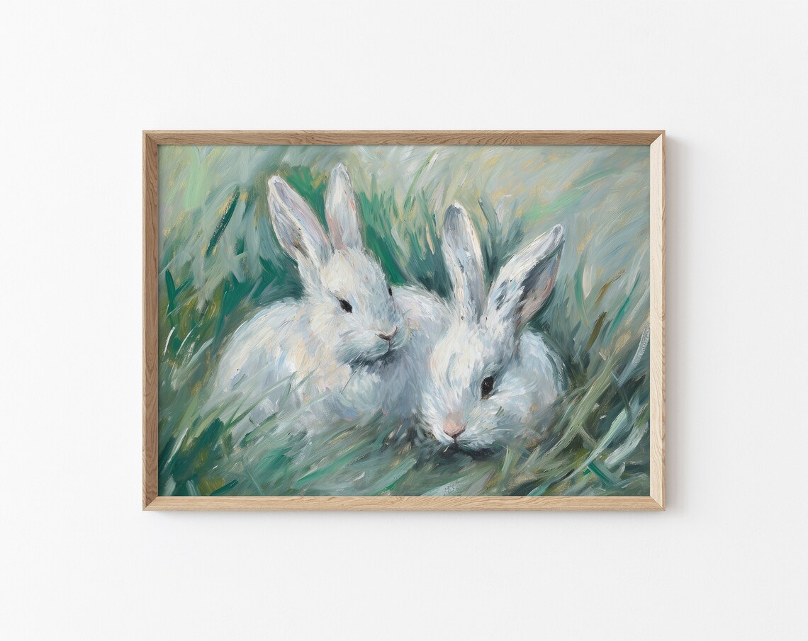 Two White Rabbits Green Grass Vintage Bunny Painting Nursery Farmhouse Art Print