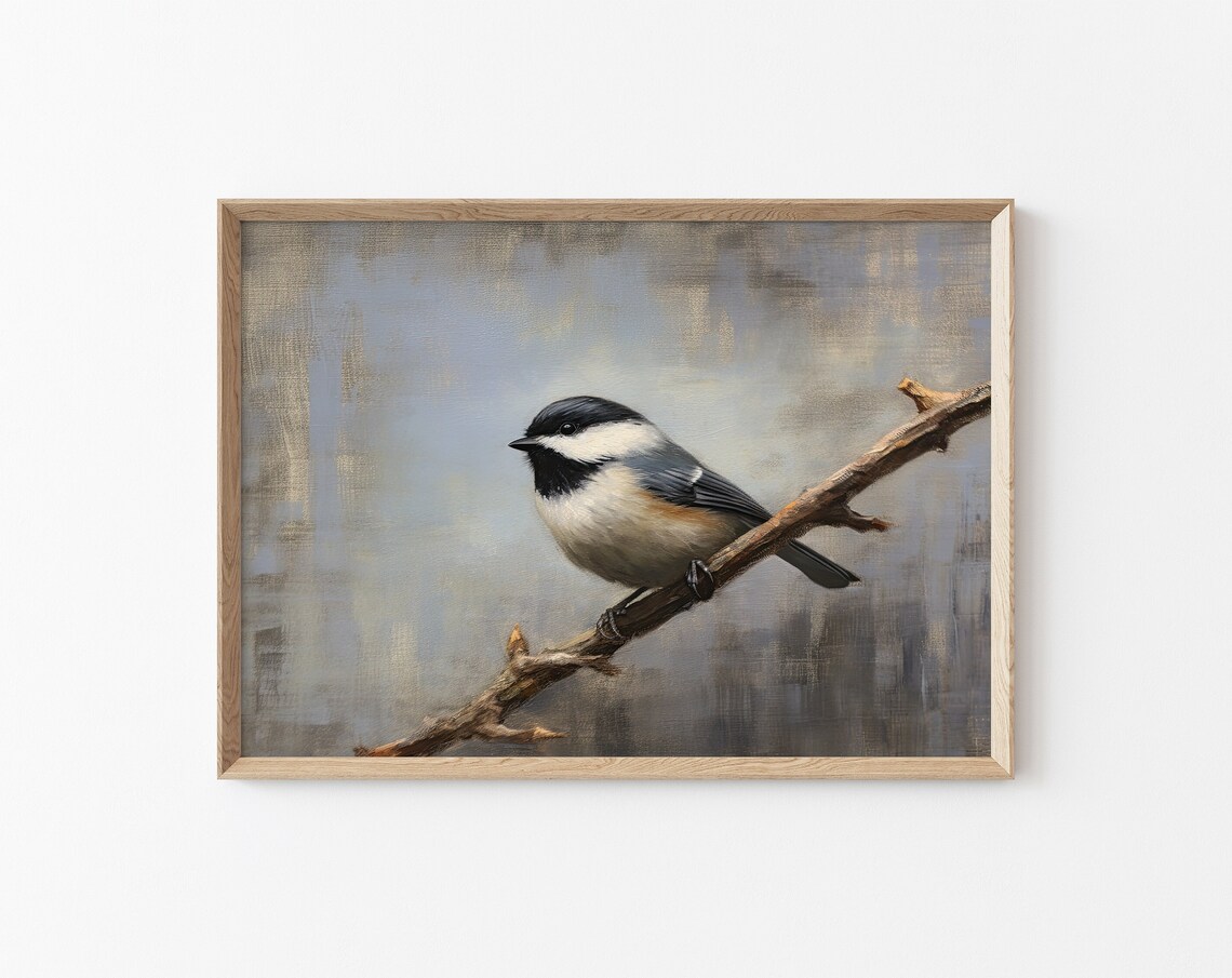 Black-Capped Chickadee Perched On Branch Vintage Bird Painting Poster