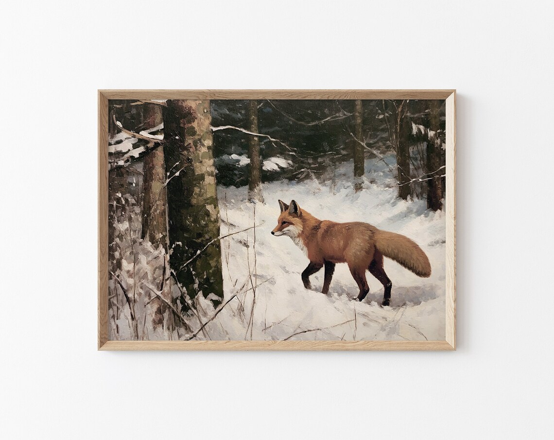Red Fox in Snowy Winter Forest Vintage Woodland Wildlife Poster