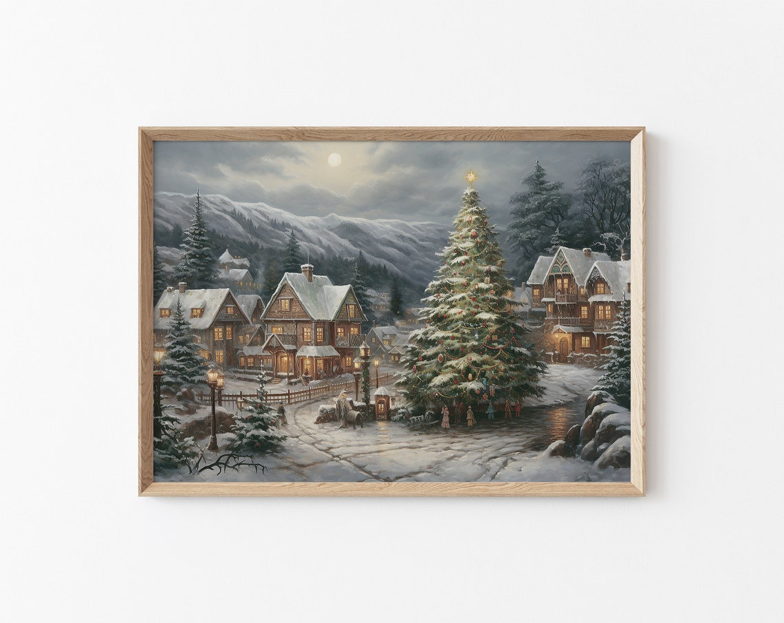 Vintage Oil Painting Christmas Town In Switzerland Xmas Wall Decoration Christmas Wall Art Antique Winter Landscape Print