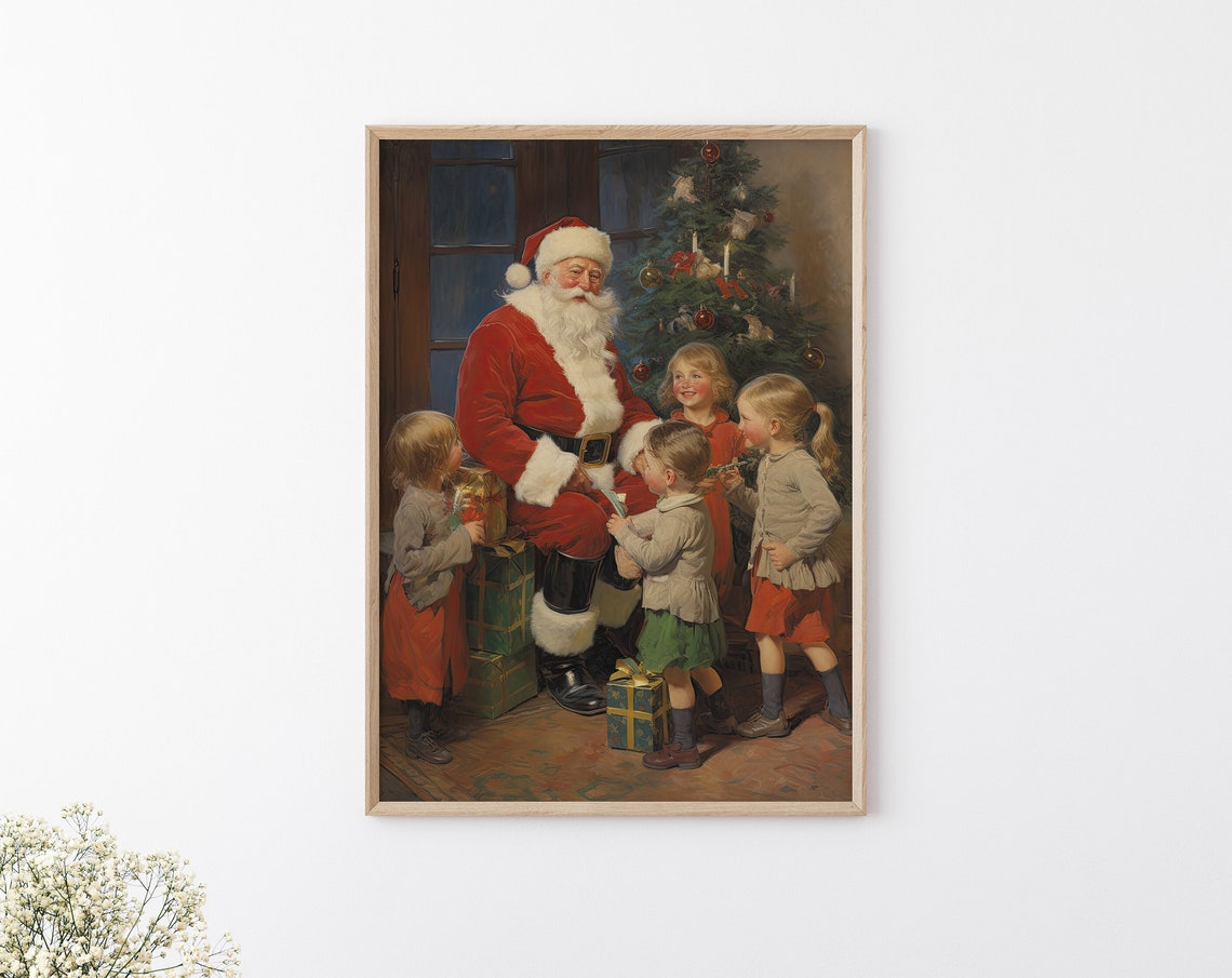 Vintage Painting Of Santa Claus Gifts To Children Cozy Christmas Wall Art Winter Core Holiday Print Positive Christmas Decor