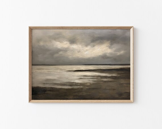 Vintage Dark Sea Painting Nautical Wall Print Seascape Moody Painting Ocean Wall Decor Rustic Beach House Wall Decor