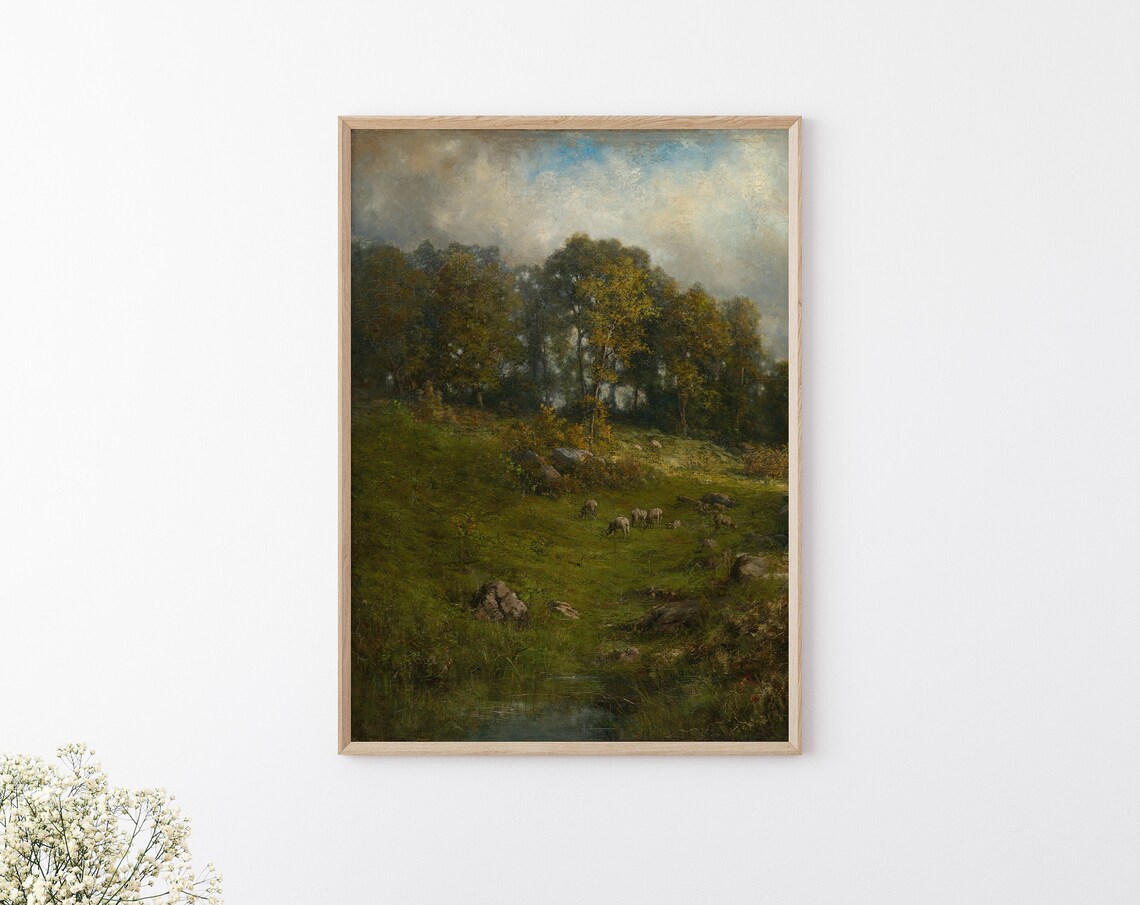 Sheep Grazing In Green Forest Meadow Valley Vintage Landscape Poster