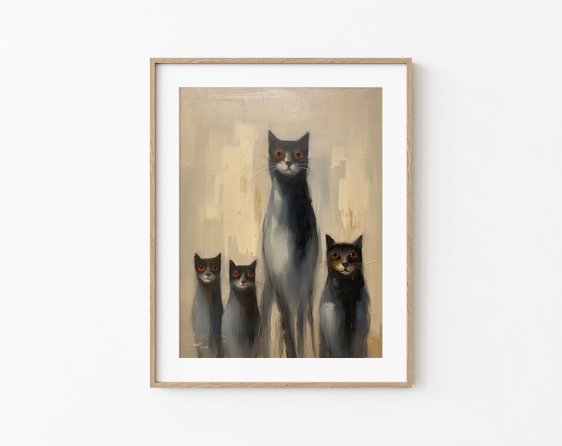 Four Black Cats with Amber Eyes Moody Minimalist Oil Painting Cat Poster