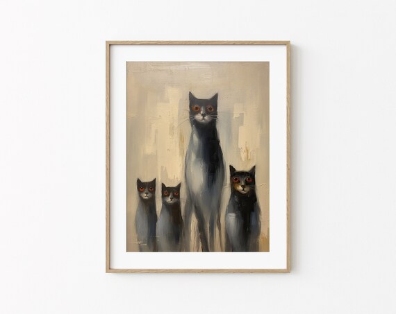 Egyptian Black Cat Painting Moody Cat Print Sphynx Gothic Art Halloween Wall Decoration Kitty Dark Painting Animal Wall Art