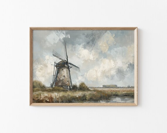 Vintage Dutch Landscape Windmill Painting Moody Wall Decor European Landscape Print Cottage Core Painting Gray Toned Wall Decoration