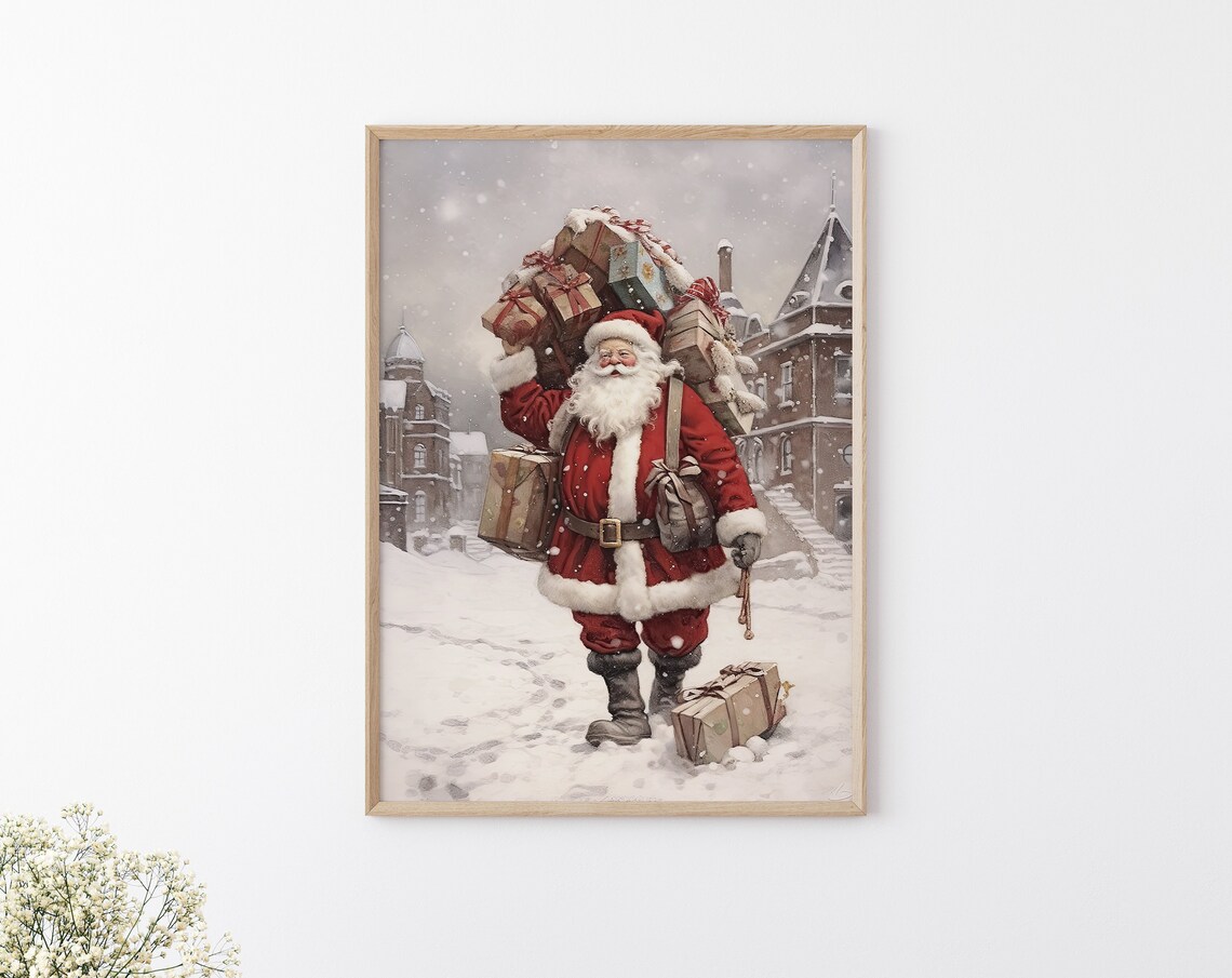 Santa Claus Carrying Gifts Through Snowy Old Town Winter Street Poster