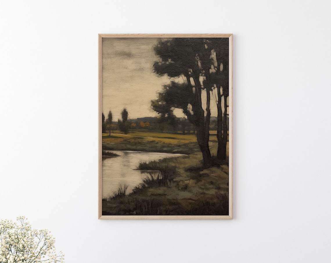 Dark Moody River Tall Trees Reflective Vintage Tonal Landscape Poster