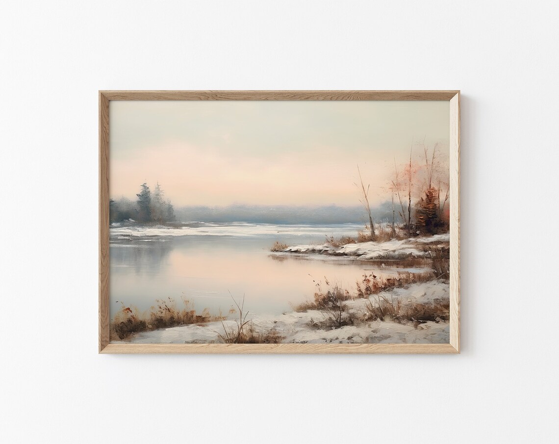 Frozen Lake In Snow At Pink Dawn Winter Landscape Art Poster