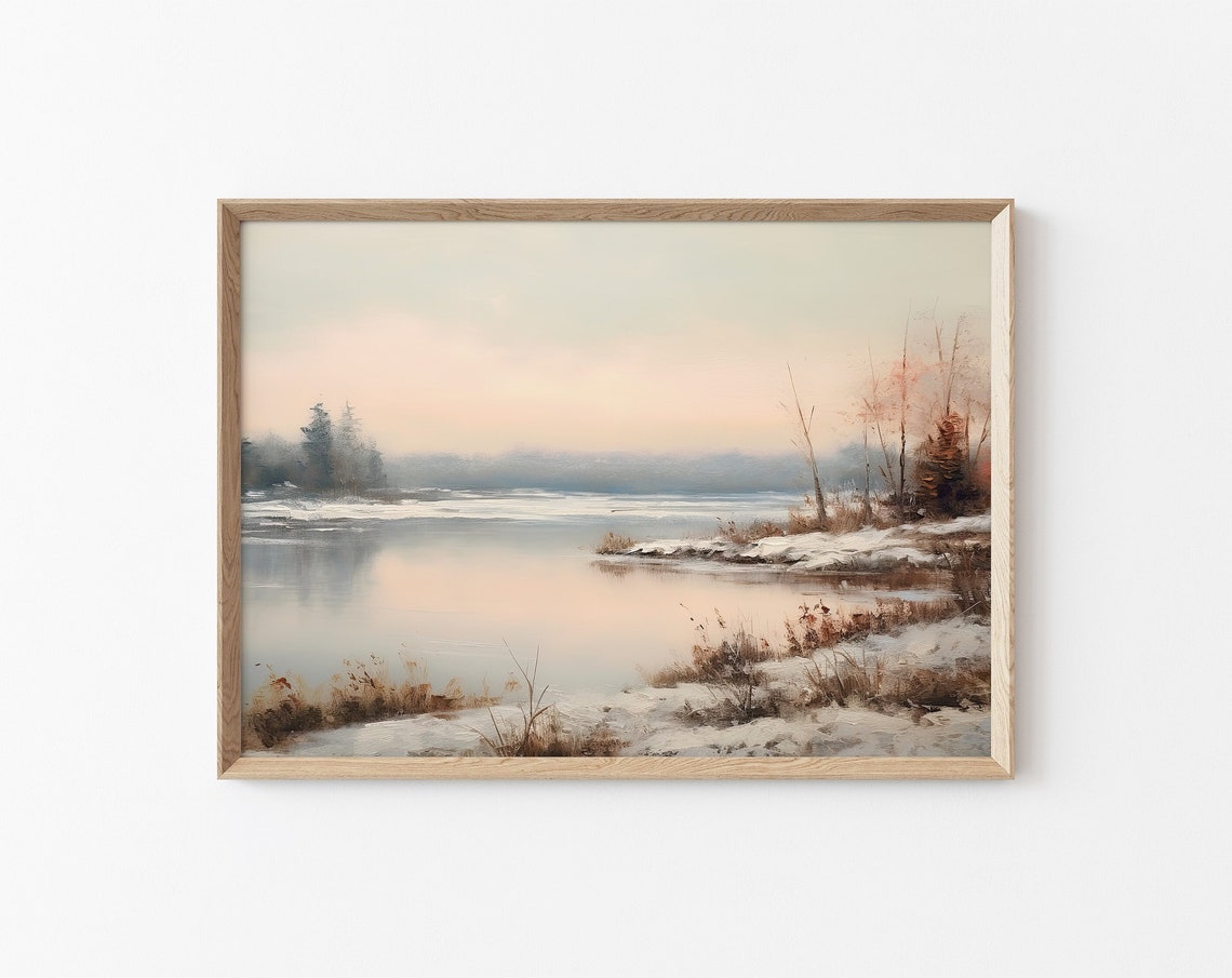 Vintage Frozen Lake Painting Lake House Landscape Painting Winter Landscape Painting Farmhouse Wall Winter Landscape Painting