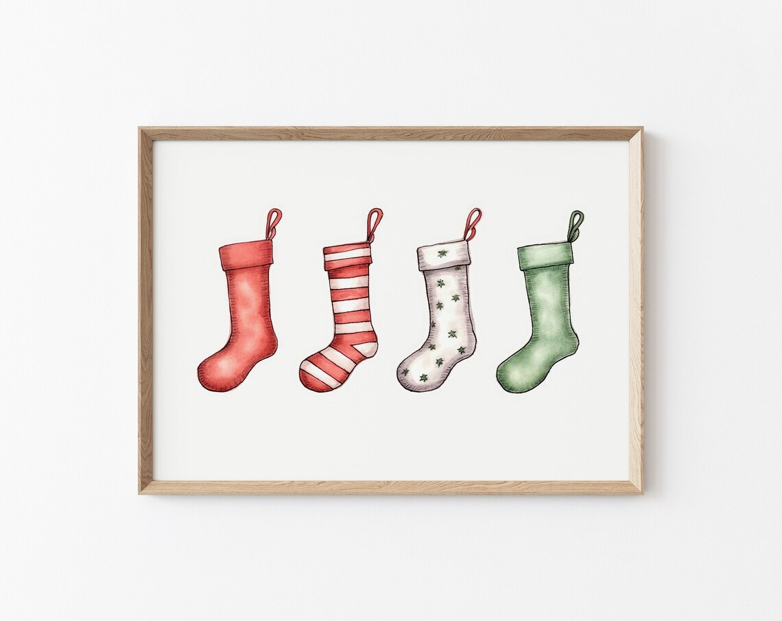 Christmas Stockings Watercolor Red Green Minimal Holiday Poster