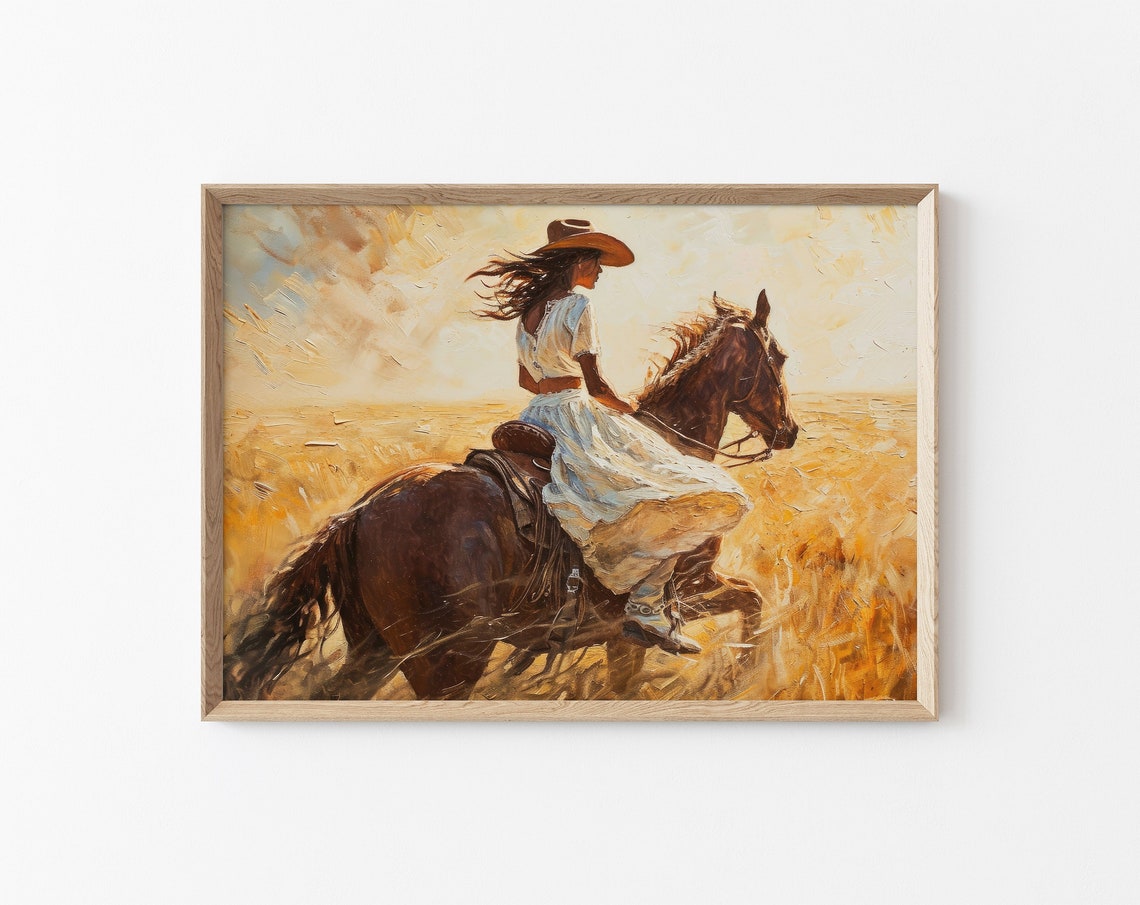 Cowgirls Horse Ride Painting Rustic Southwestern Art Woman Feminine Wall Decor Western Field Horse Ride Painting