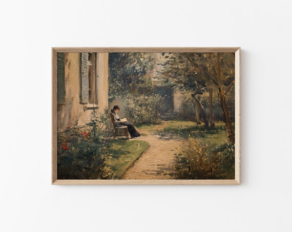Widowed Woman Reading A Book Painting Spring French Country Side Landscape Print Farmhouse Wall Decor Monet Style Antique Oil