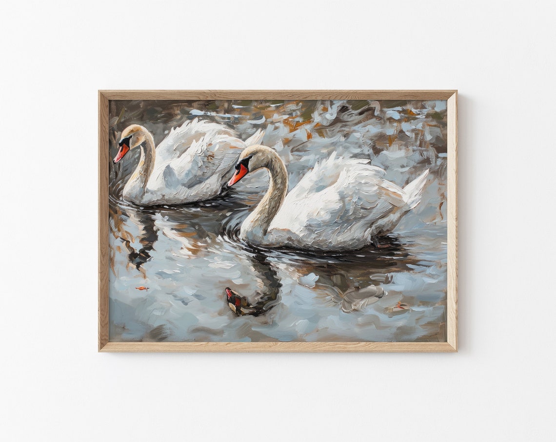 Vintage White Swans Painting Lake House Wall Decor Vintage Animal Print Country House Wall Decor Painting Lake Animals Print
