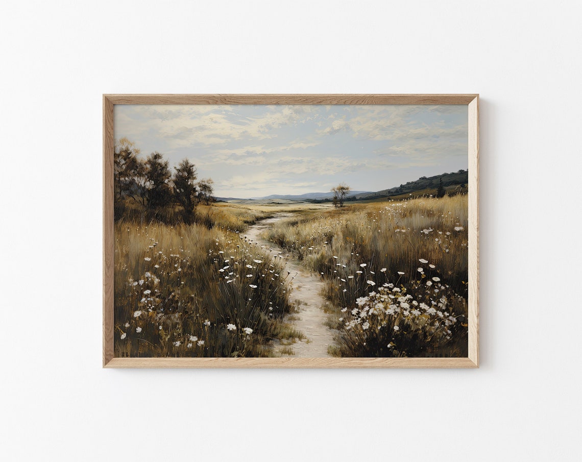 Wild Meadow Field Painting Vintage Meadow Country Land Path Landscape Painting Wildflower Field Print Country House Wall Decor