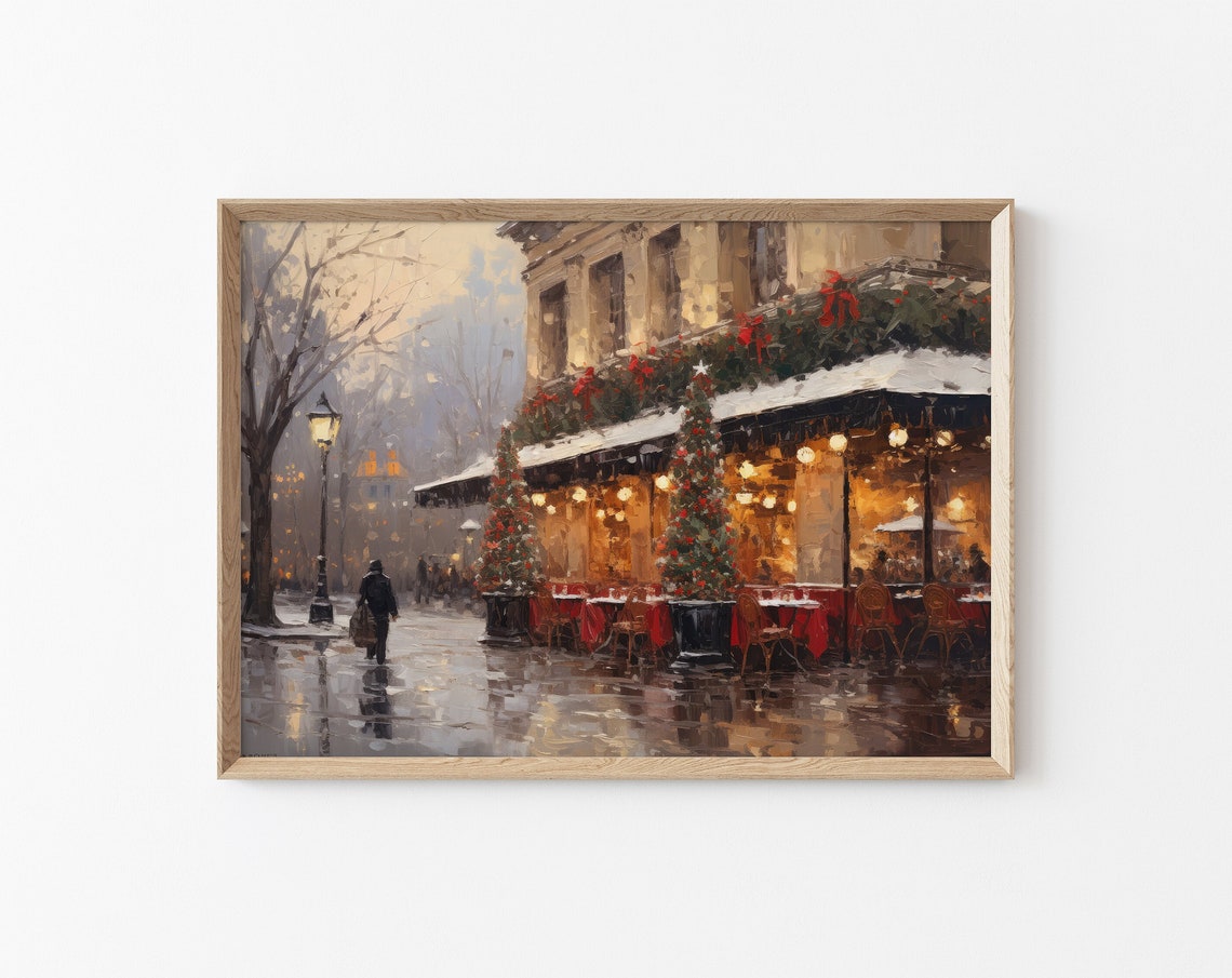 Christmas In Paris Print Seasonal Wall Decoration Holiday Season Wall Art Europe Light Academia Vintage Oil Painting