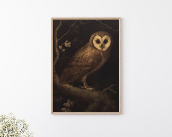 Vintage Owl Painting Moody Owl Painting Dark Animal Painting Rustic Wall Decor Animal Print Wall Decor Gothic Wall Painting