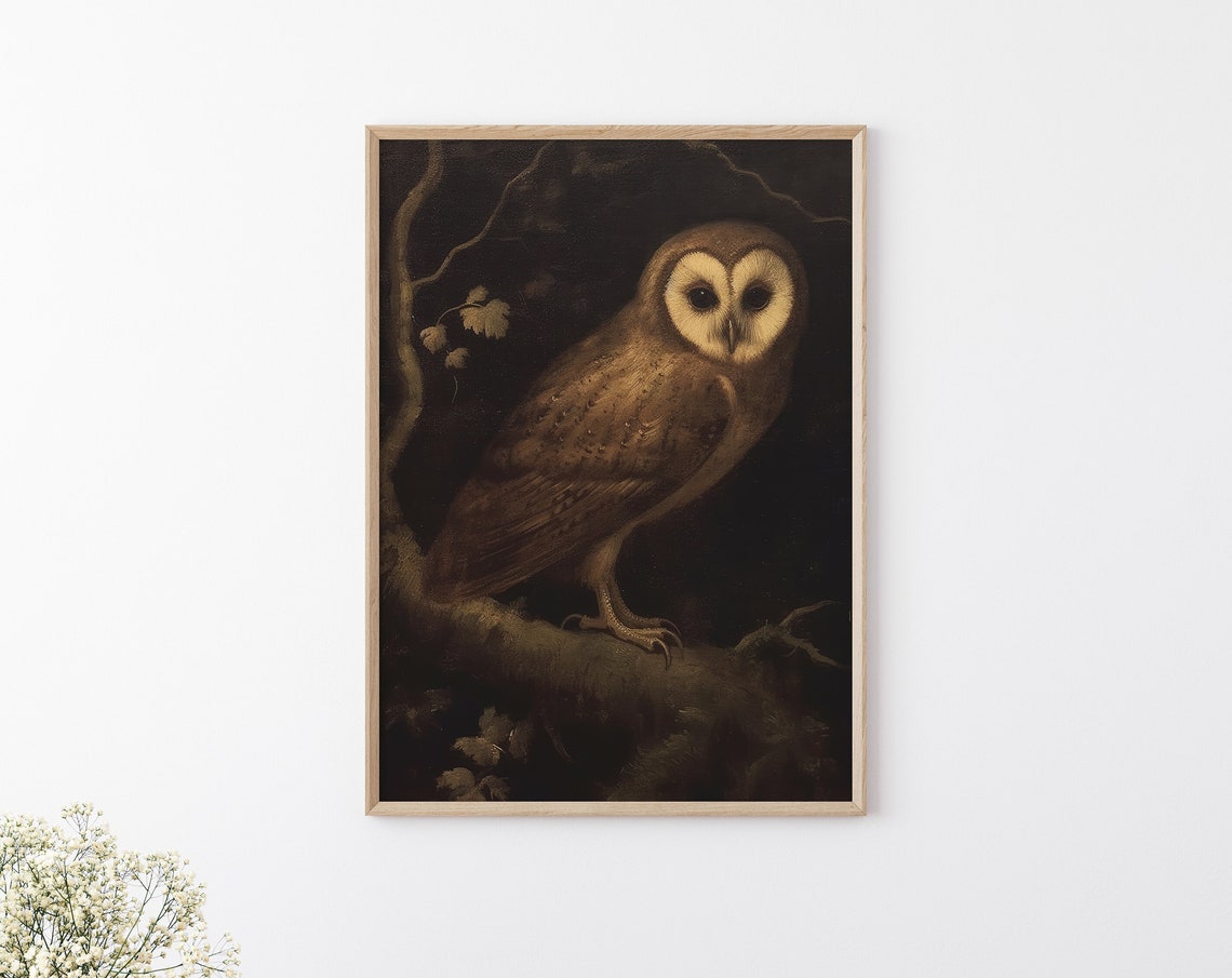 Barn Owl Perched at Night Moody Dark Vintage Wildlife Poster