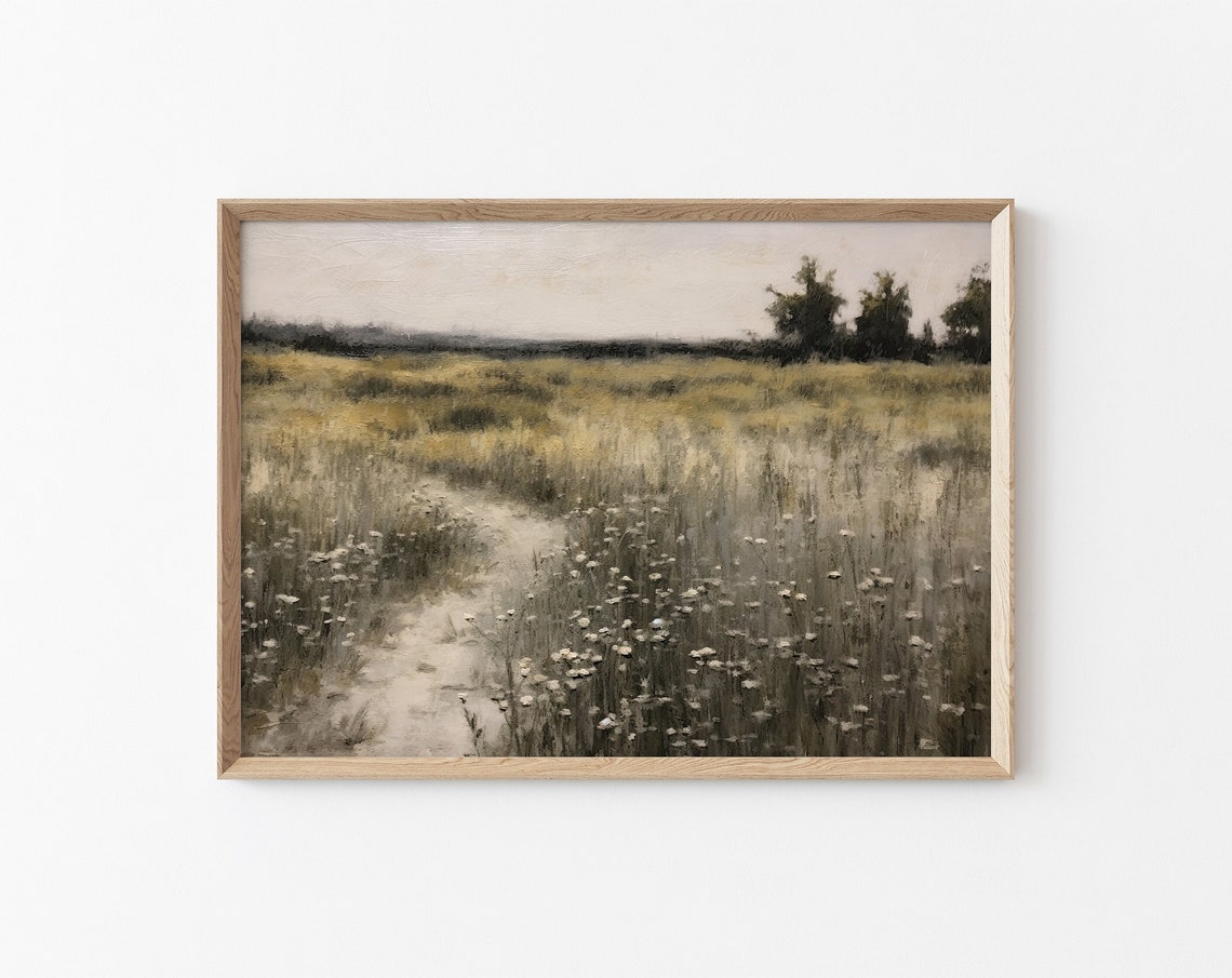 Meadow Painting Vintage Meadow Landscape Painting Wildflower Field Print Vintage Country Side Painting Farmhouse Wall Decor
