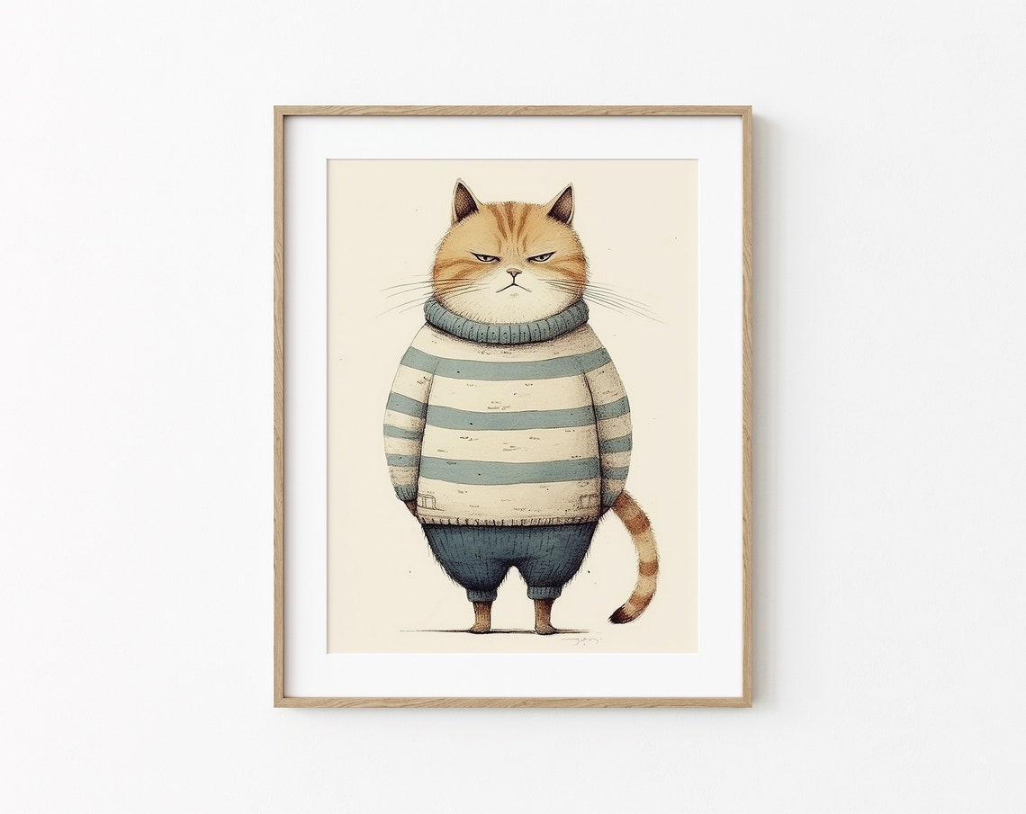 Grumpy Ginger Cat In Blue Striped Sweater Funny Illustration Poster