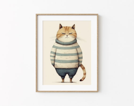 Fat Ginger Cat In Blue Sweater Funny Cat Decor Feline Cat Fat Cat Modern Poster Minimal Wall Art Cute Cat In Sweater Winter Cat Print