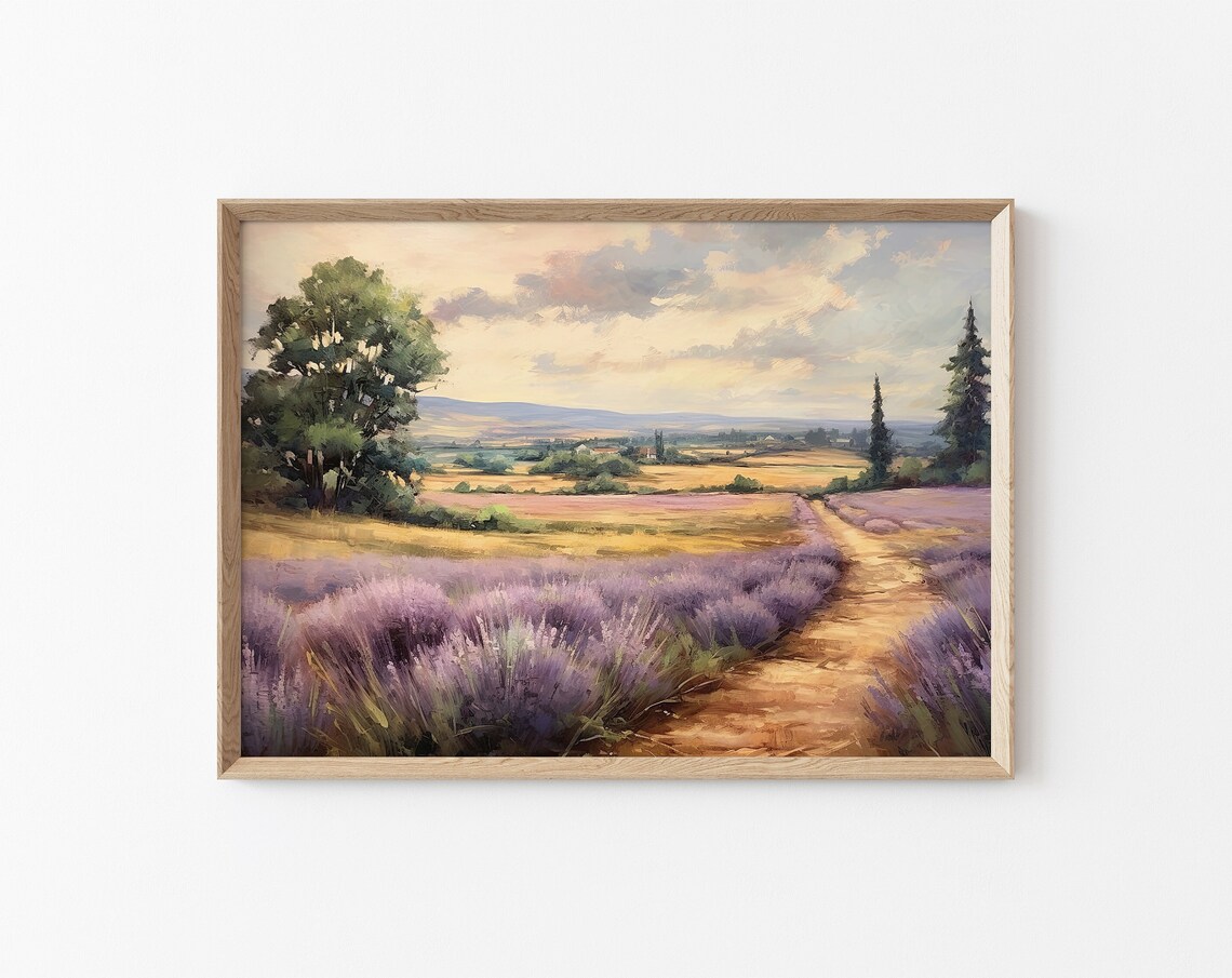 Lavender Field With Dirt Path Under Golden Sunset Sky Travel Poster