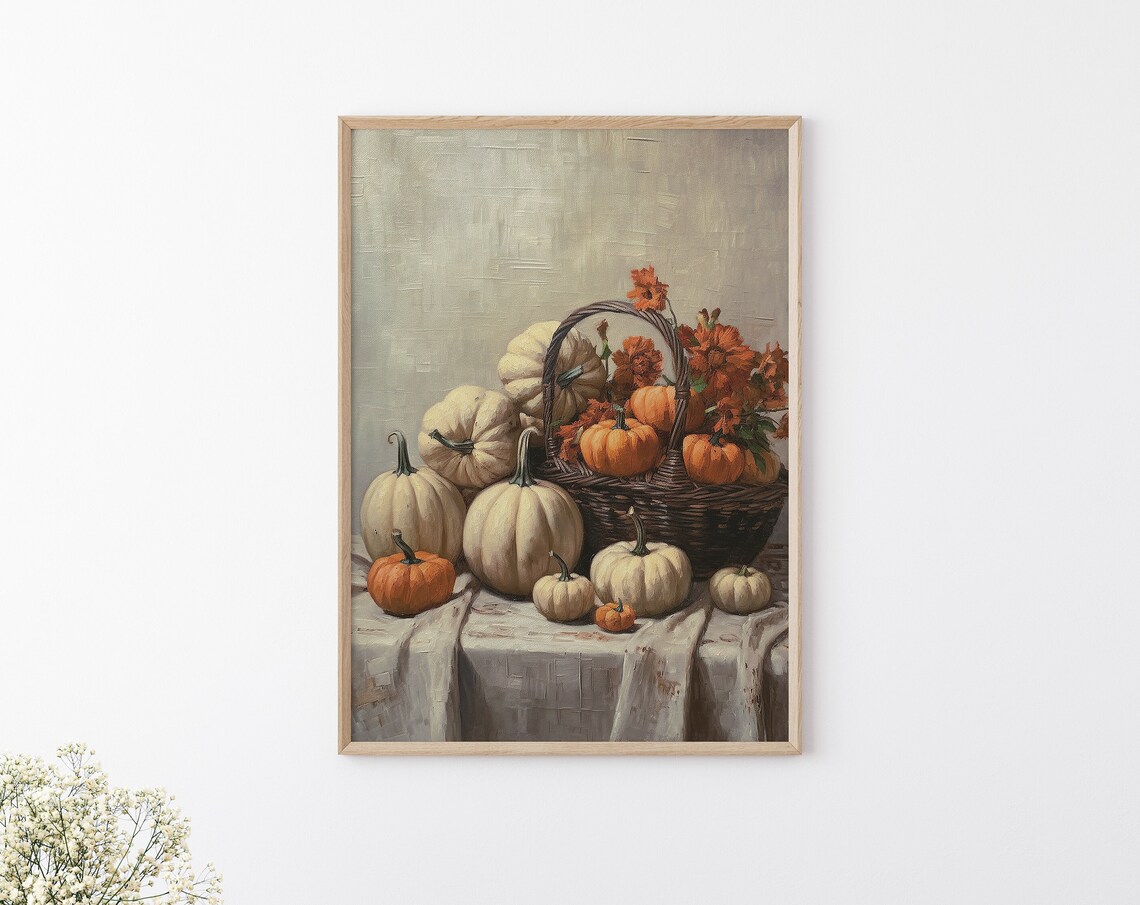 Pumpkin Basket Harvest Still Life Autumn Flowers Vintage Poster