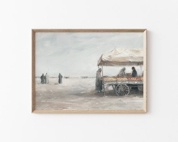 Street Market In Marrakech Painting Middle Eastern Vintage Print Antique Neutral Toned Painting Neutral Beige Wall Art Muted Toned Art